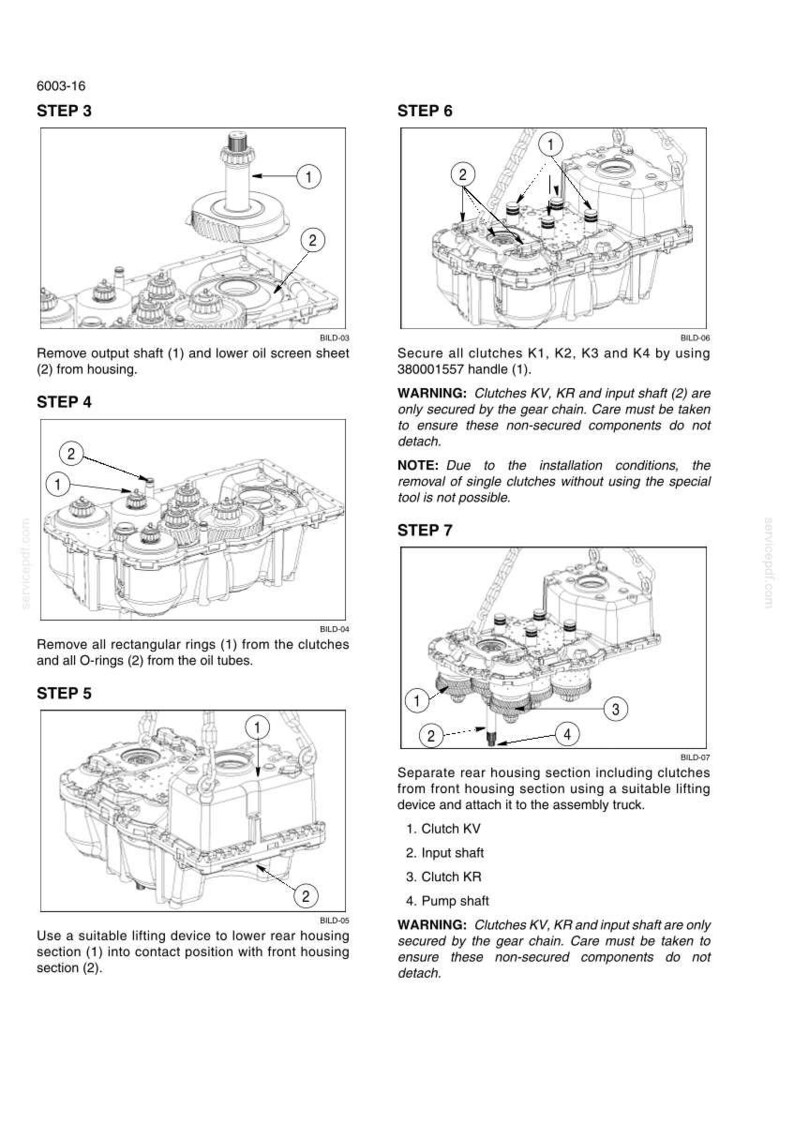 May include: Diagram of mechanical components with numbered parts and instructions for assembly. Steps include removing shafts, securing clutches, and separating housing sections. Text includes warnings about gear chain security.
