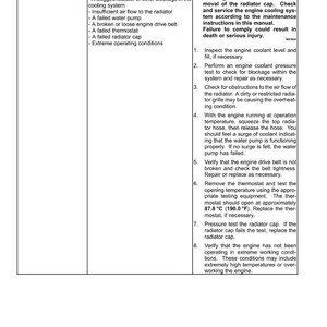 Puede incluir: Diagrama t&eacute;cnico del sistema de refrigeraci&oacute;n del motor, con causas y correcciones para la alta temperatura del refrigerante. Incluye una advertencia sobre l&iacute;quido caliente a presi&oacute;n.