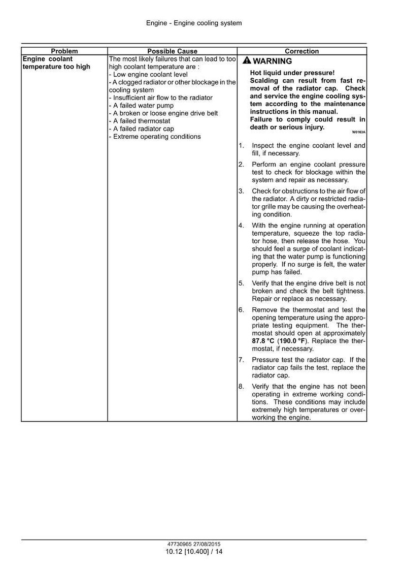 Puede incluir: Diagrama t&eacute;cnico del sistema de refrigeraci&oacute;n del motor, con causas y correcciones para la alta temperatura del refrigerante. Incluye una advertencia sobre l&iacute;quido caliente a presi&oacute;n.