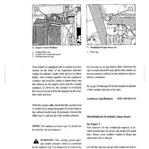 May include: A technical manual page titled ROUTINE LUBRICATION AND MAINTENANCE featuring two black and white line drawings of tractor engine components, specifically the engine coolant radiator and windshield washer reservoir with numbered parts.