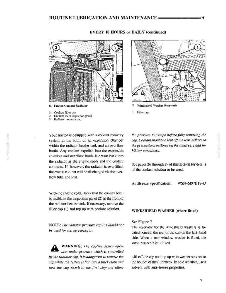 May include: A technical manual page titled ROUTINE LUBRICATION AND MAINTENANCE featuring two black and white line drawings of tractor engine components, specifically the engine coolant radiator and windshield washer reservoir with numbered parts.
