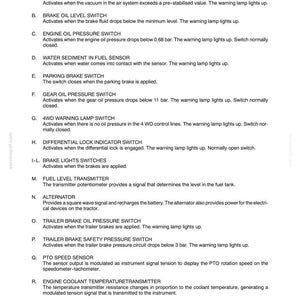 May include: A detailed list of transmitters, sensors, and switches with their functions, including air filter, brake oil, engine oil, and fuel level indicators. The text is in black on a white background.