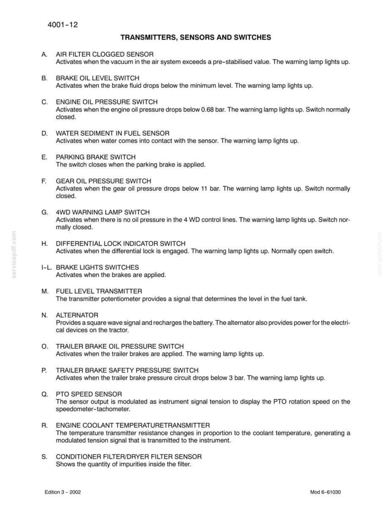 May include: A detailed list of transmitters, sensors, and switches with their functions, including air filter, brake oil, engine oil, and fuel level indicators. The text is in black on a white background.