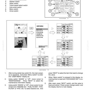 Puede incluir: Una p&aacute;gina de manual t&eacute;cnico titulada 3-CONTROLS/INSTRUMENTS que muestra un diagrama numerado de un panel de control con nueve interruptores, incluyendo cambio de pantalla, parada de zumbador y modo de trabajo, junto a men&uacute;s de mantenimiento.