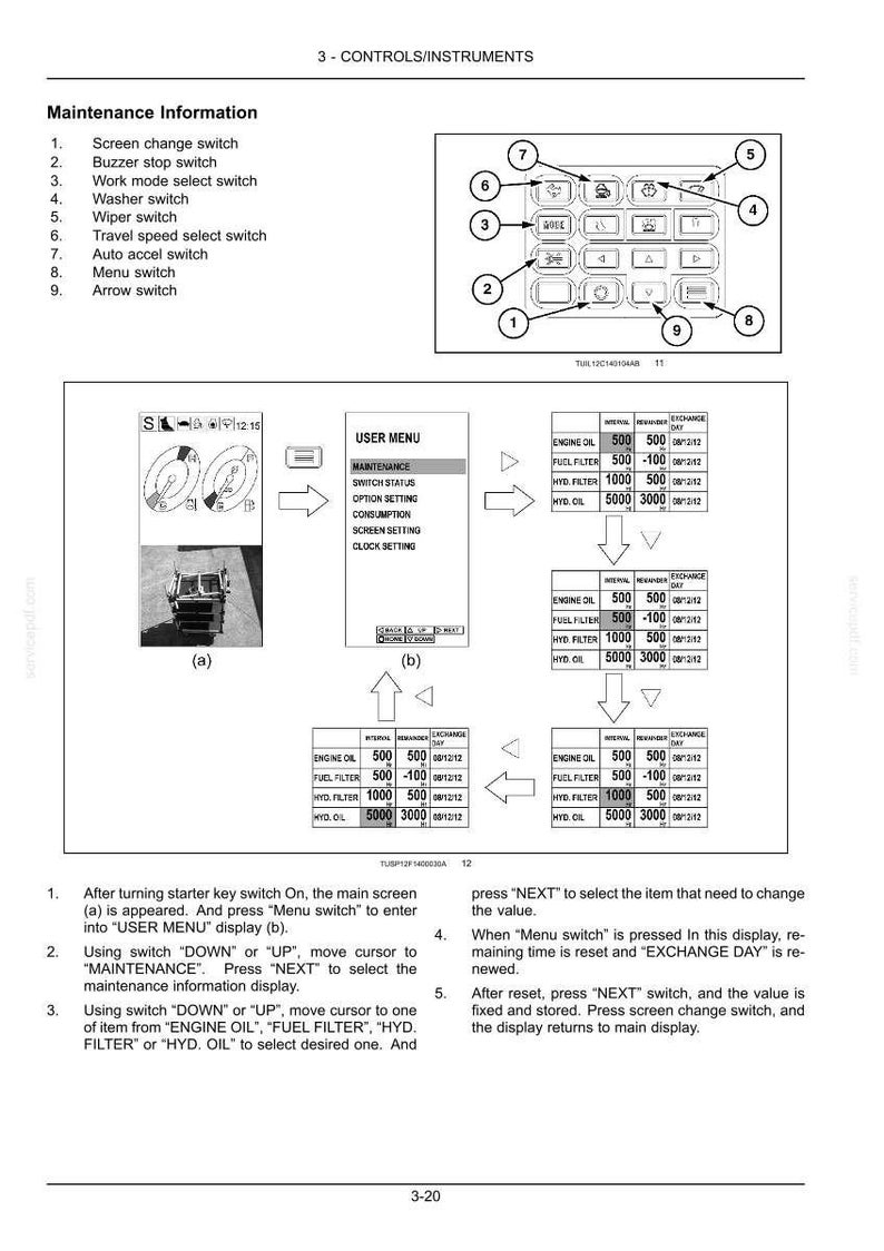 Puede incluir: Una p&aacute;gina de manual t&eacute;cnico titulada 3-CONTROLS/INSTRUMENTS que muestra un diagrama numerado de un panel de control con nueve interruptores, incluyendo cambio de pantalla, parada de zumbador y modo de trabajo, junto a men&uacute;s de mantenimiento.