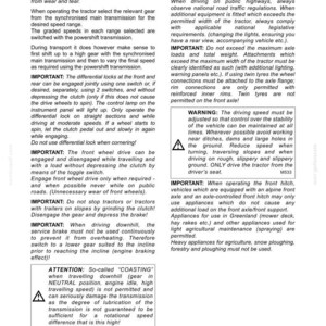 May include: A technical document page titled DRIVING OPERATION and DRIVING CONSIDERATIONS, containing black text on a white background. It provides instructions for tractor gear shifting, differential locks, front wheel drive, and safety warnings.