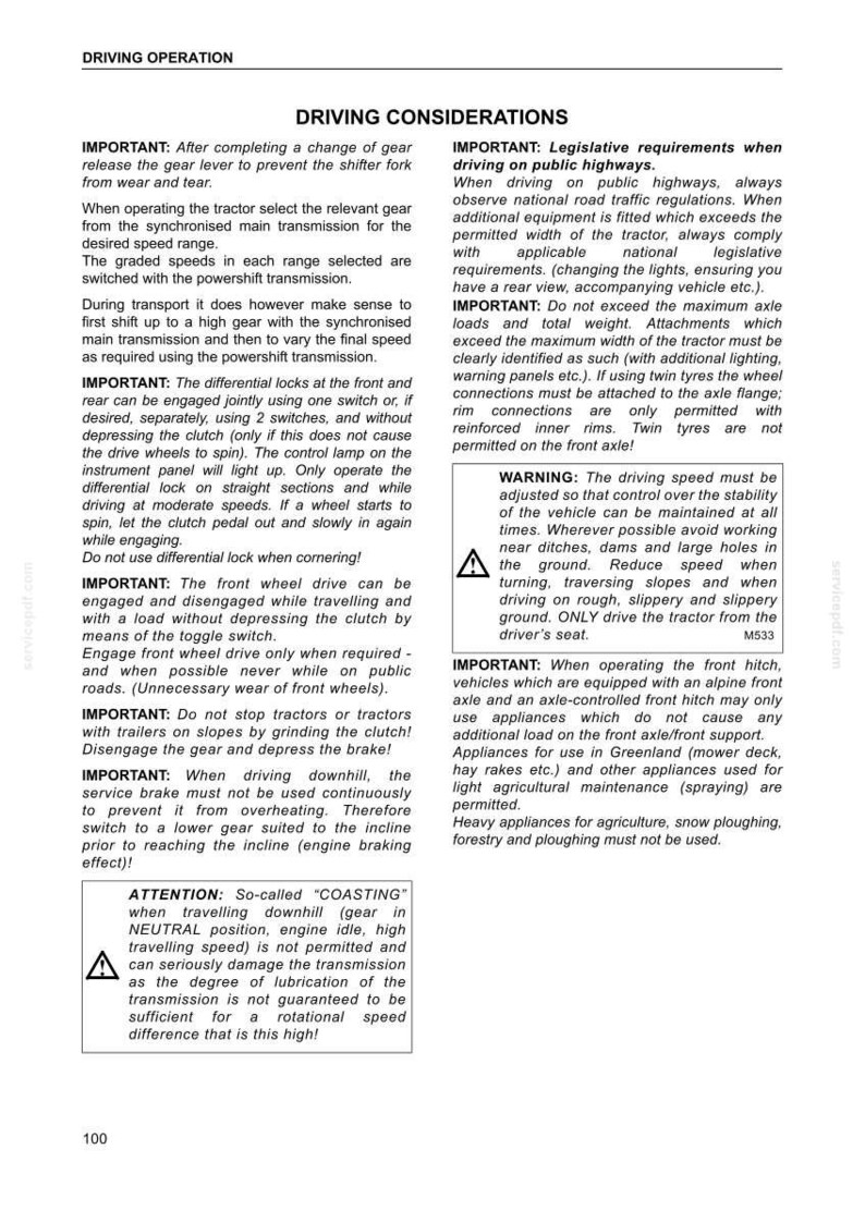 May include: A technical document page titled DRIVING OPERATION and DRIVING CONSIDERATIONS, containing black text on a white background. It provides instructions for tractor gear shifting, differential locks, front wheel drive, and safety warnings.