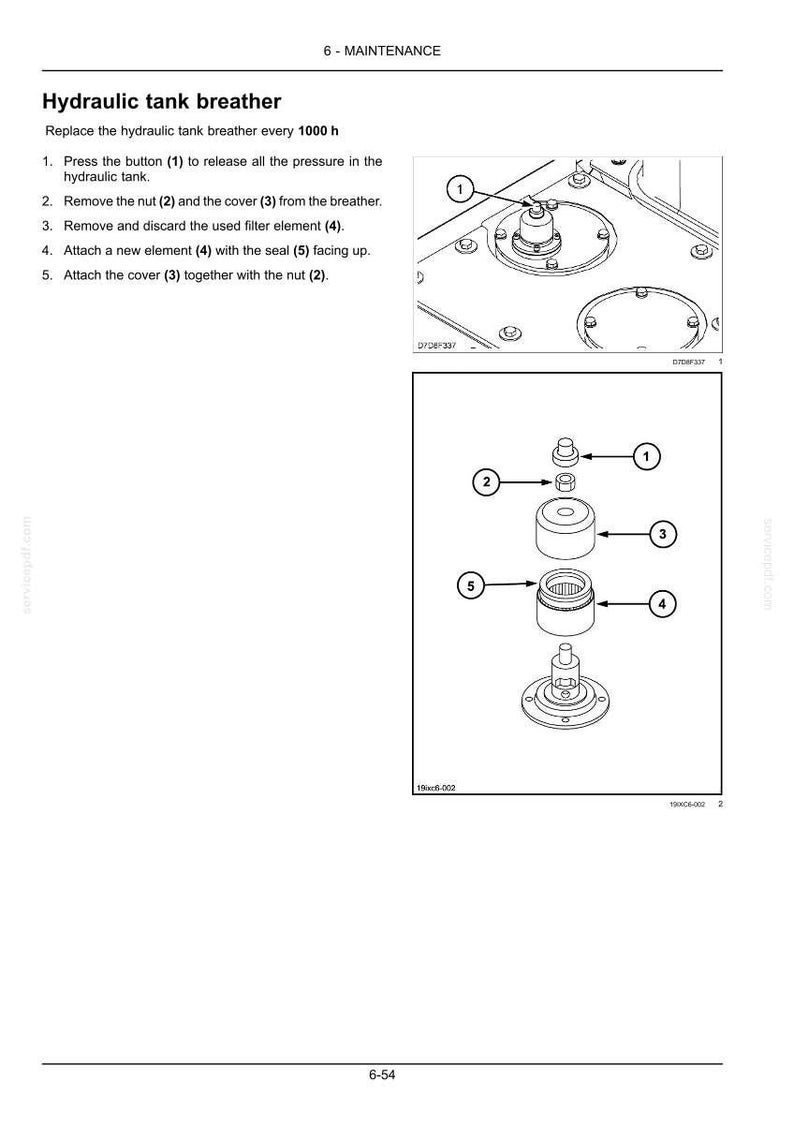 May include: Diagram of a hydraulic tank breather with numbered components for maintenance instructions. The image includes a detailed exploded view of the breather assembly, with labels for each part.