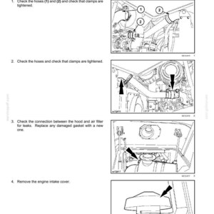 Puede incluir: Diagrama de un manual de mantenimiento que muestra los pasos de inspecci&oacute;n del colector de admisi&oacute;n del motor. Incluye ilustraciones de mangueras, abrazaderas y la tapa del colector de admisi&oacute;n del motor. Se proporcionan instrucciones de texto.