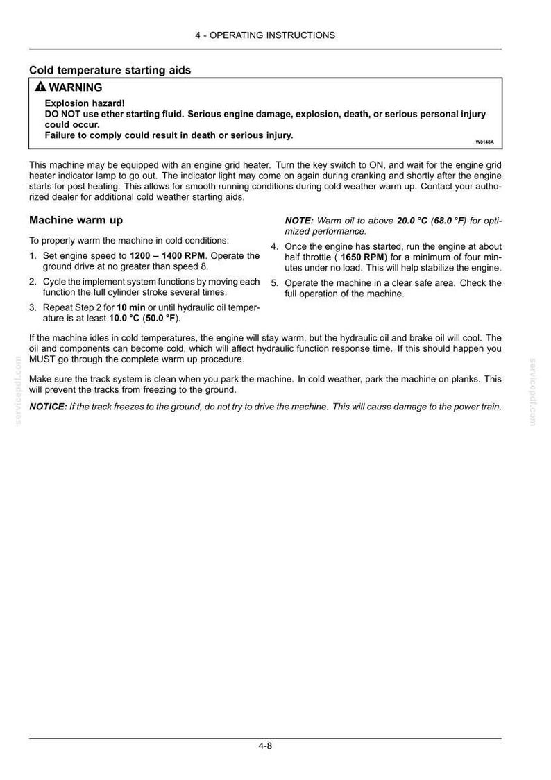 May include: A page from an operating manual with instructions for cold weather starting aids. The text includes warnings about explosion hazards and instructions for warming up the machine, including engine speed and oil temperature.