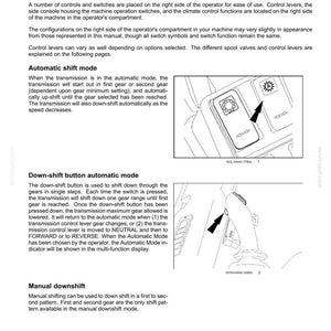 May include: A technical manual page titled 3-CONTROLS AND INSTRUMENTS, RIGHT-HAND SIDE CONTROLS. It features text explaining automatic shift mode and down-shift buttons, with two line-art diagrams showing switch panels and a control lever.
