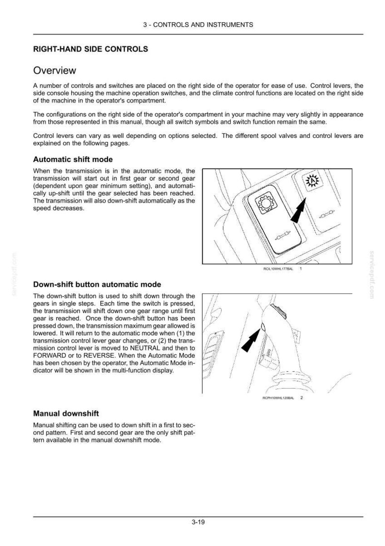 May include: A technical manual page titled 3-CONTROLS AND INSTRUMENTS, RIGHT-HAND SIDE CONTROLS. It features text explaining automatic shift mode and down-shift buttons, with two line-art diagrams showing switch panels and a control lever.
