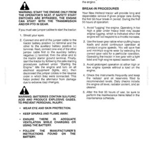 May include: A black and white instructional page titled OPERATION, detailing procedures for starting a New Holland tractor with jumper cables, stopping the engine, and break-in procedures, including safety warnings about batteries and engine care.