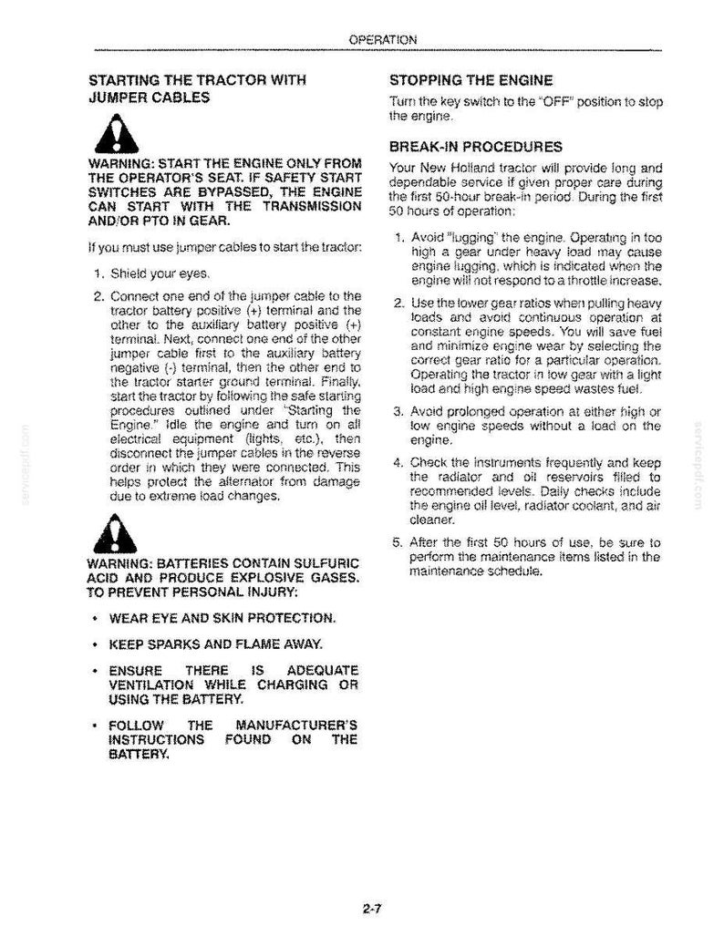May include: A black and white instructional page titled OPERATION, detailing procedures for starting a New Holland tractor with jumper cables, stopping the engine, and break-in procedures, including safety warnings about batteries and engine care.