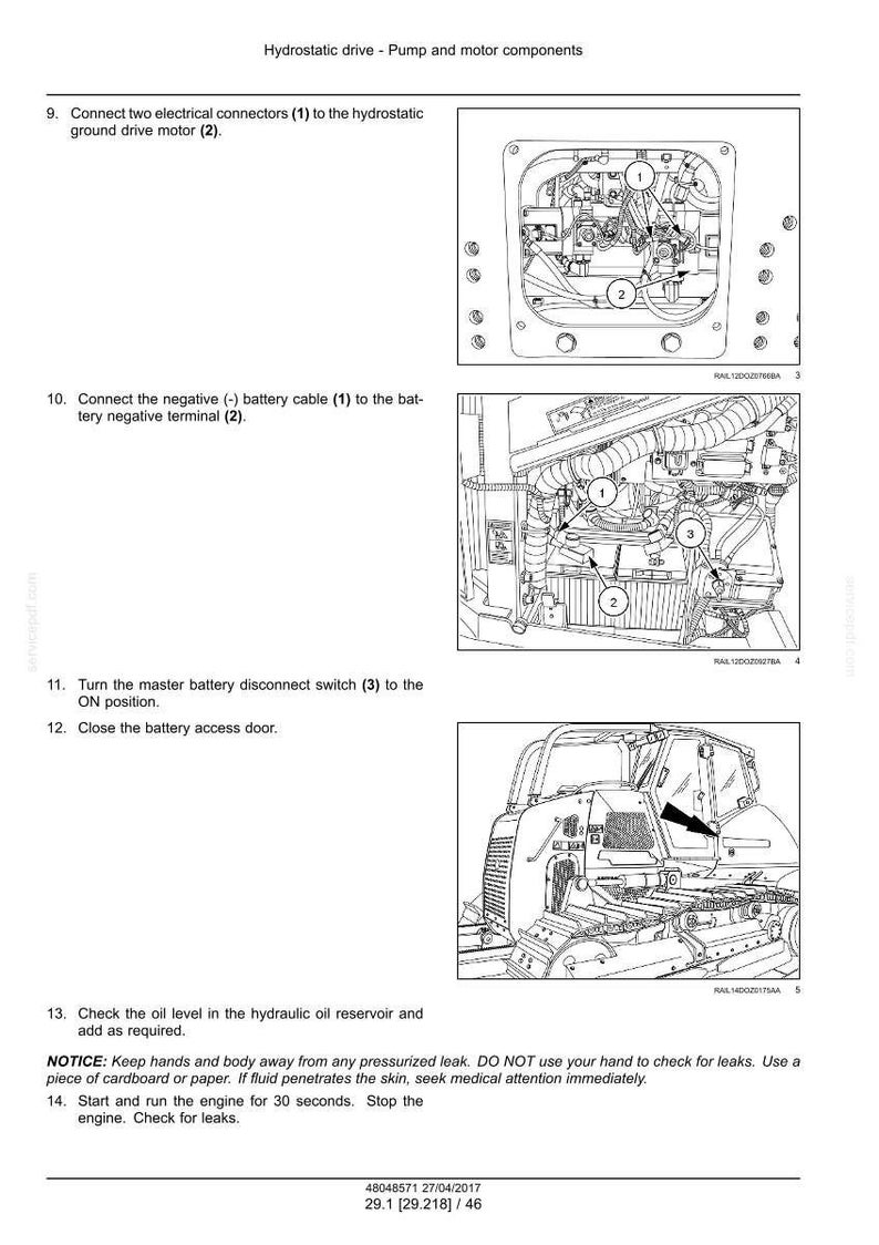 May include: Diagrams illustrating hydrostatic drive pump and motor components. The images show internal parts with numbered labels and arrows, accompanied by instructions for maintenance and operation. The text includes safety warnings and procedural steps.
