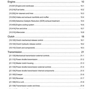 May include: A page from a manual titled "Contents" with a list of engine, clutch, and transmission components. The text is black on a white background. The document includes section numbers and page numbers.
