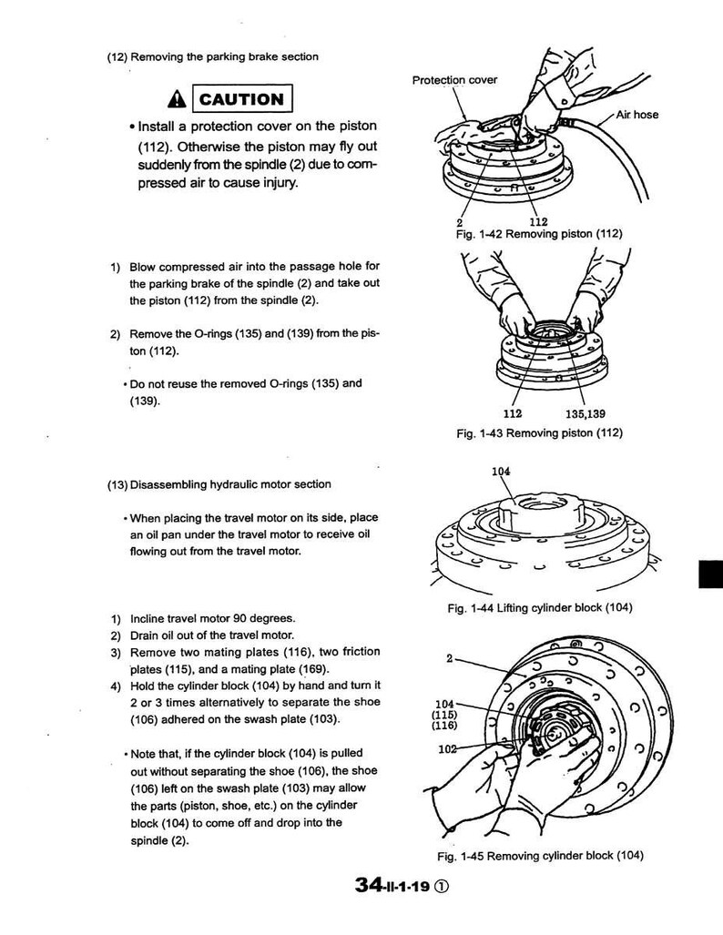 K&ouml;nnte beinhalten: Diagramme und Anweisungen zum Aus- und Einbau von Maschinenteilen. Das Bild enth&auml;lt Illustrationen von Kolben, Zylinderbl&ouml;cken und anderen mechanischen Komponenten mit Etiketten und Nummern zur Identifizierung. Der Text enth&auml;lt Sicherheitshinweise.