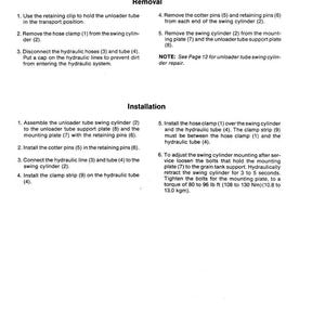 May include: A technical manual page detailing the removal and installation of an unloader tube swing cylinder. The text is black on white, with numbered steps and diagrams. Includes torque specifications in lb ft and Nm.