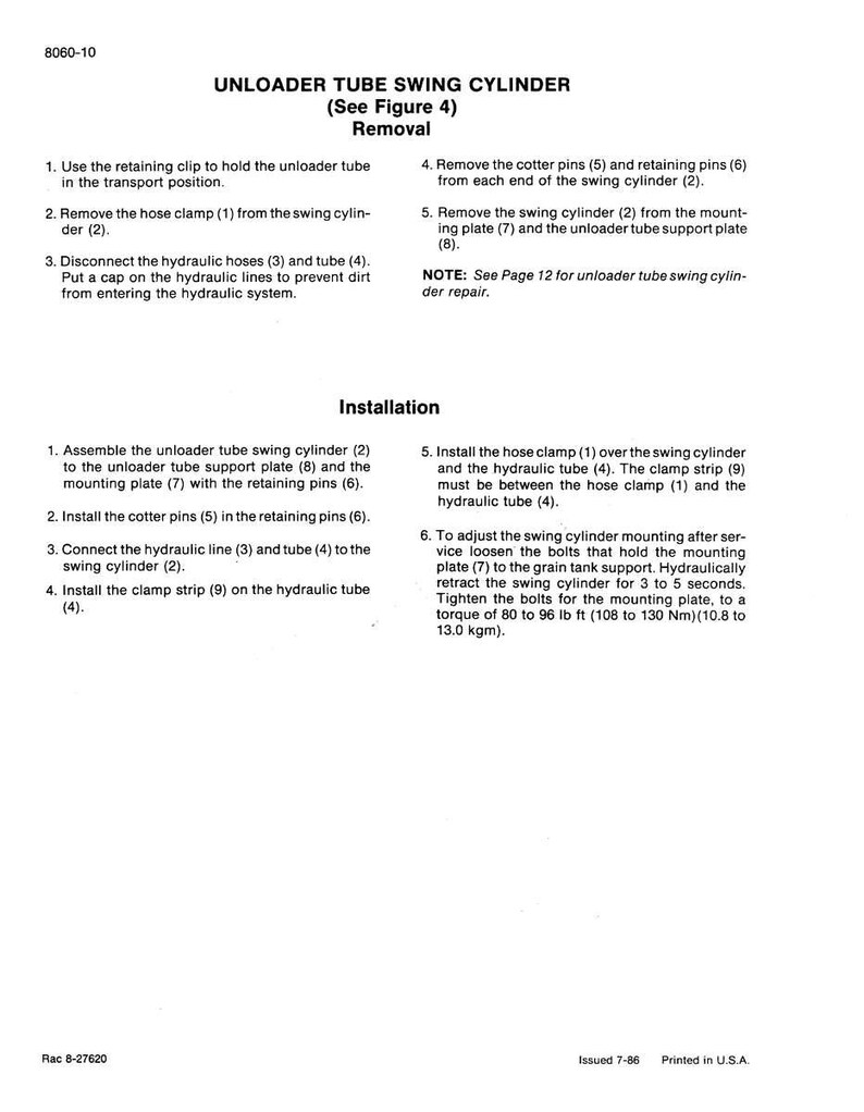 May include: A technical manual page detailing the removal and installation of an unloader tube swing cylinder. The text is black on white, with numbered steps and diagrams. Includes torque specifications in lb ft and Nm.