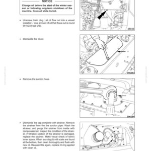 May include: Operator's manual page with instructions for changing hydraulic oil and replacing the filter. Includes diagrams and steps for unscrewing the drain plug, removing the cover, and removing the suction hose. Text includes a notice about changing oil before winter.