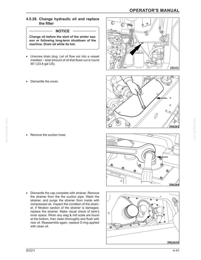 May include: Operator's manual page with instructions for changing hydraulic oil and replacing the filter. Includes diagrams and steps for unscrewing the drain plug, removing the cover, and removing the suction hose. Text includes a notice about changing oil before winter.