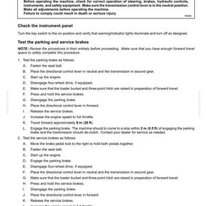 May include: A technical document page titled 4 - OPERATING INSTRUCTIONS, featuring a warning box regarding equipment failure and detailed numbered steps for testing parking and service brakes on machinery, including specific distance metrics.