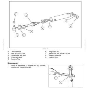 May include: Diagram of a steering cylinder disassembly. The image shows the components of a hydraulic steering cylinder, including a threaded rod, nuts, slide guide, piston, and locking rings. The diagram also includes a step-by-step disassembly instruction.