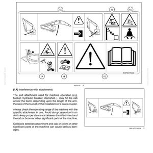 May include: Diagram showing safety precaution symbols and illustrations. Features an exclamation mark, a person, and an open book. Text includes "Decal placement diagrams" and "Safety Information".