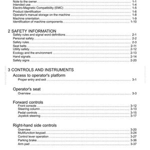 May include: A white document titled "Contents" with a table of contents for a machine manual. Sections include general information, safety information, and controls and instruments. Page numbers are listed on the right.