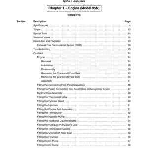 May include: A page from a manual titled "SECTION 10 - ENGINE" with a table of contents. The table lists engine-related topics such as "Specifications," "Torque," and "Assembly." The manual is labeled "BOOK 1 - 84241669."