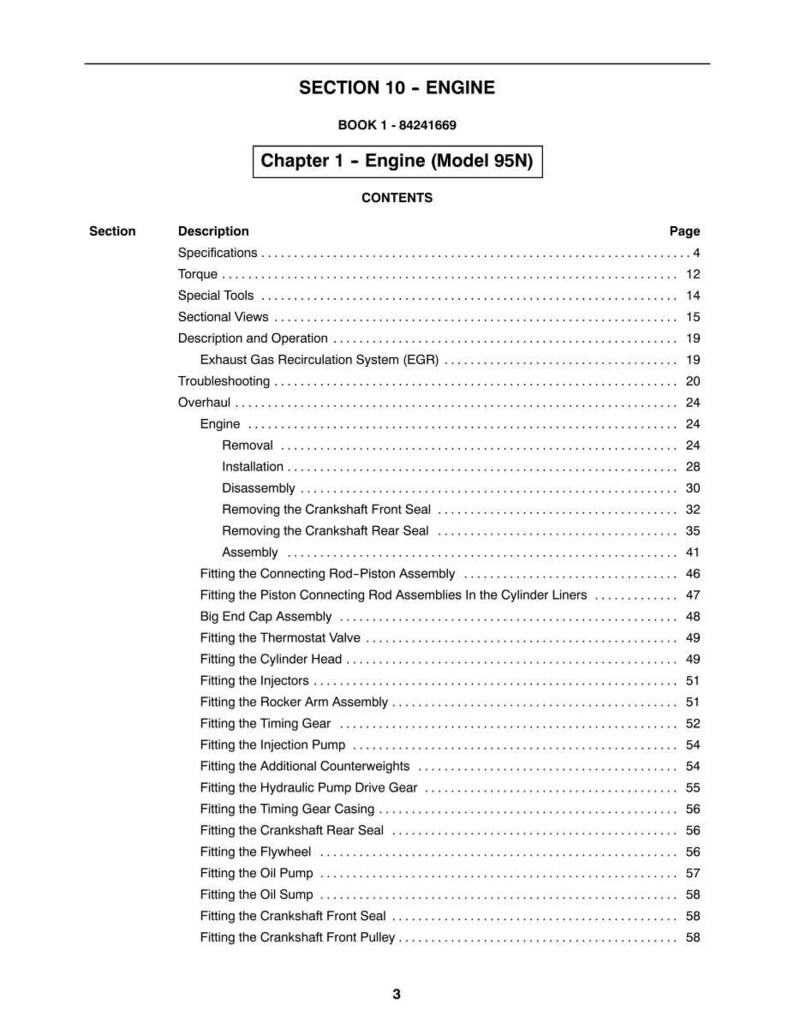 May include: A page from a manual titled "SECTION 10 - ENGINE" with a table of contents. The table lists engine-related topics such as "Specifications," "Torque," and "Assembly." The manual is labeled "BOOK 1 - 84241669."