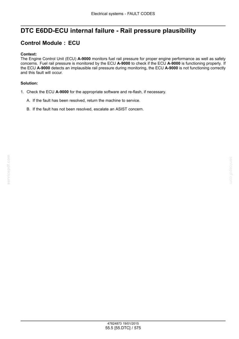 May include: A document titled "Electrical systems - FAULT CODES" with text detailing DTC E6DD-ECU internal failure and rail pressure plausibility. Includes context, solution steps, and technical information for ECU A-9000.