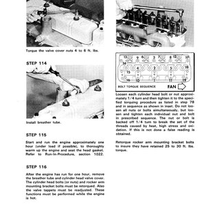 May include: Black and white technical diagram with instructions for engine maintenance. Includes steps for torquing valve cover nuts, installing a breather tube, and retorquing rocker arm mounting bracket bolts. Text includes torque specifications in foot-pounds.