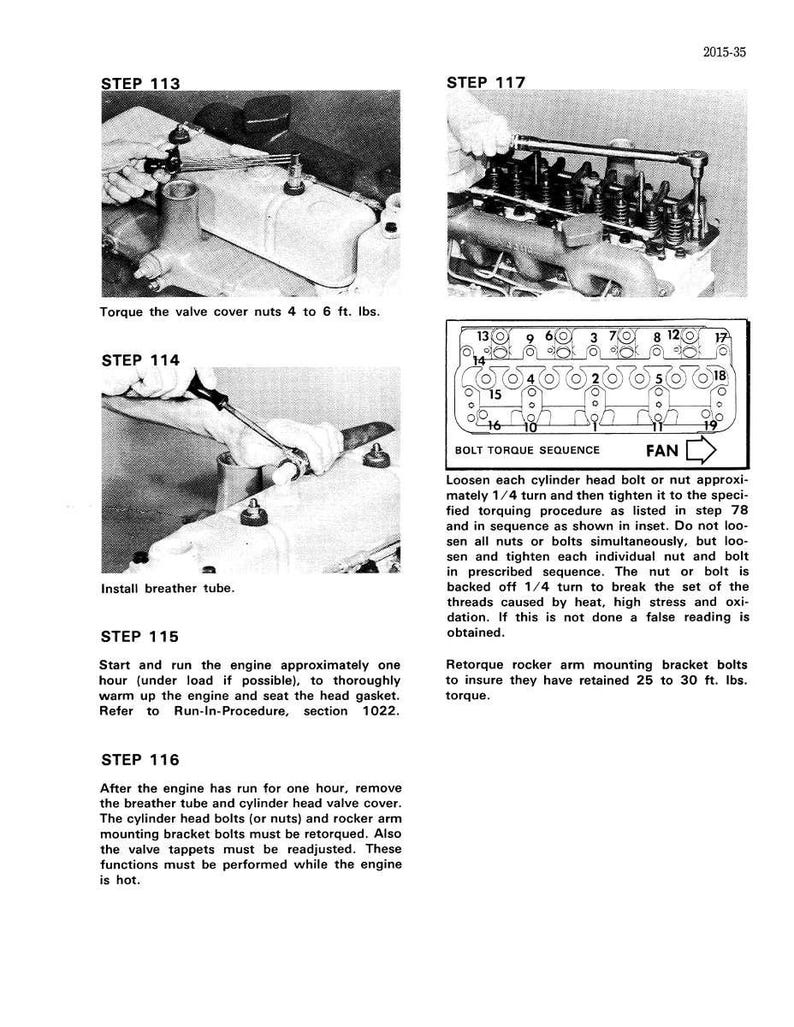 May include: Black and white technical diagram with instructions for engine maintenance. Includes steps for torquing valve cover nuts, installing a breather tube, and retorquing rocker arm mounting bracket bolts. Text includes torque specifications in foot-pounds.