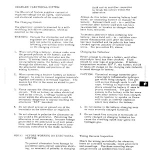 Może przedstawiać: Czarno-biały schemat techniczny z tekstem szczeg&oacute;łowo opisującym system elektryczny Crawlera. Schemat zawiera ostrzeżenia, instrukcje i środki ostrożności.
