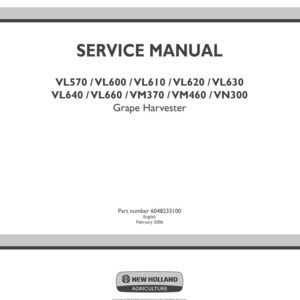 May include: A white service manual with the text "SERVICE MANUAL" in bold black letters. Below, model numbers for grape harvesters are listed. The New Holland Agriculture logo is at the bottom.