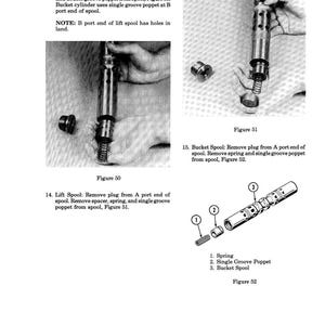 Puede incluir: Diagrama t&eacute;cnico en blanco y negro con texto e ilustraciones de piezas mec&aacute;nicas. El diagrama incluye las figuras 50, 51 y 52, con etiquetas para componentes como muelles y carretes. El texto proporciona instrucciones de montaje.