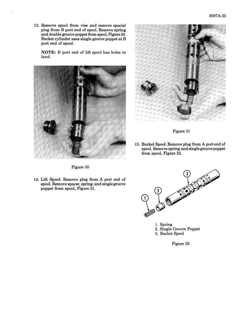 Puede incluir: Diagrama t&eacute;cnico en blanco y negro con texto e ilustraciones de piezas mec&aacute;nicas. El diagrama incluye las figuras 50, 51 y 52, con etiquetas para componentes como muelles y carretes. El texto proporciona instrucciones de montaje.