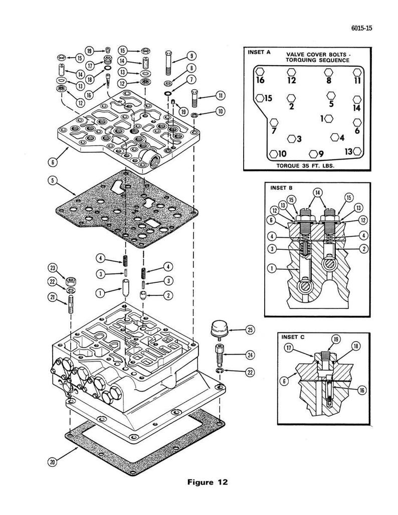 May include: An exploded diagram of mechanical components, including bolts, plates, and a valve body. The diagram includes inset details for valve cover bolt torquing sequence. The text "Figure 12" is at the bottom.