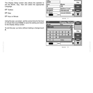 May include: A technical manual page titled 3-CONTROLS/INSTRUMENTS showing instructions for setting the clock on a tractor color display. It includes two screen diagrams labeled Display Setup with input fields for date, time, language, and interface.