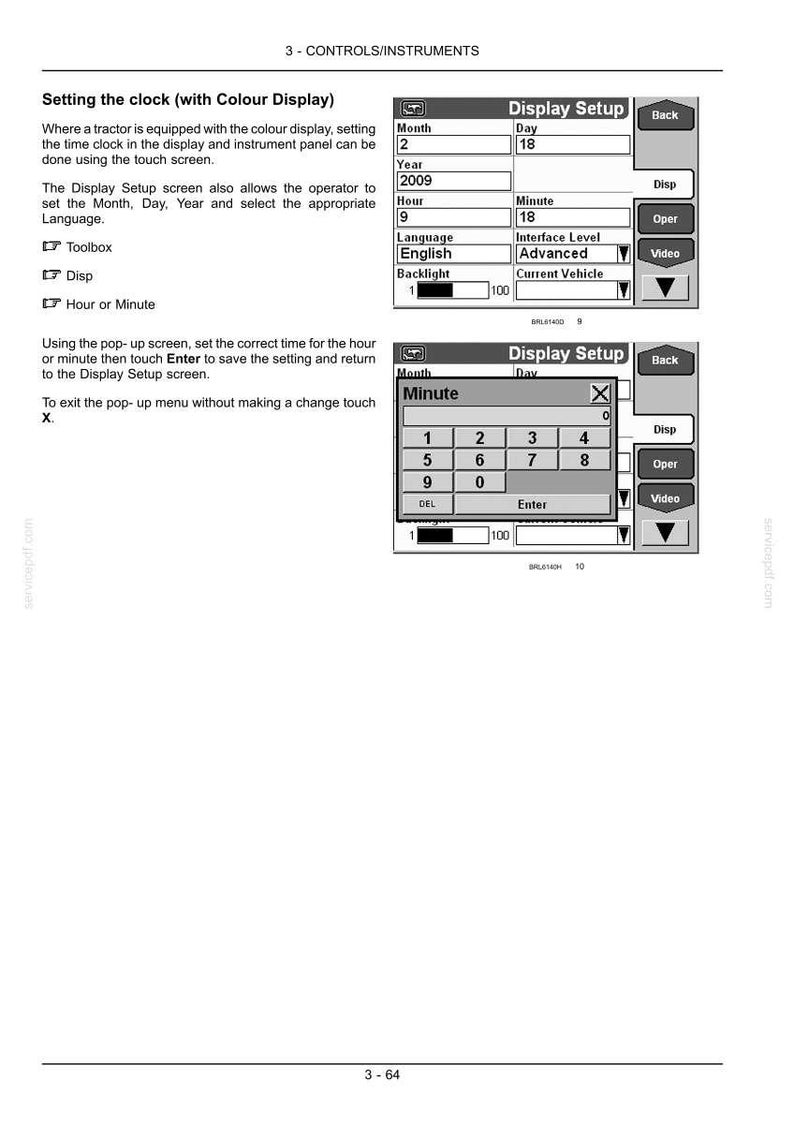 May include: A technical manual page titled 3-CONTROLS/INSTRUMENTS showing instructions for setting the clock on a tractor color display. It includes two screen diagrams labeled Display Setup with input fields for date, time, language, and interface.