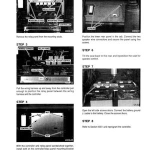 May include: A black and white technical diagram with step-by-step instructions for a mechanical process. The diagram includes labels for components like relay panels, controllers, and wiring harnesses. Text instructions accompany each step.