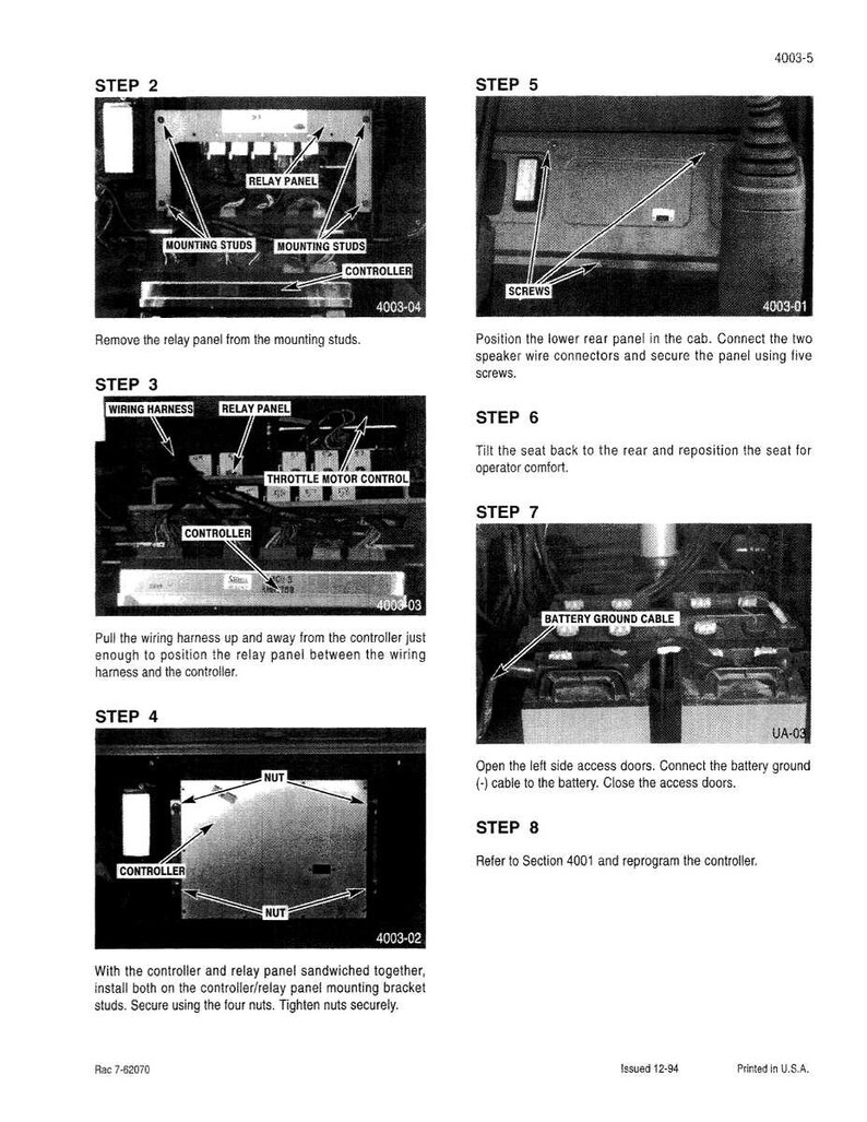 May include: A black and white technical diagram with step-by-step instructions for a mechanical process. The diagram includes labels for components like relay panels, controllers, and wiring harnesses. Text instructions accompany each step.