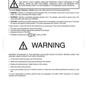 May include: A safety information sheet with a black and white warning symbol. The text explains safety alerts, including DANGER in red, WARNING in orange, and CAUTION in yellow. It also details operator responsibilities.