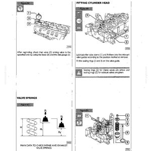 May include: Diagrams and instructions for engine maintenance, including valve and cylinder head assembly. Features detailed illustrations of valve springs, sealing rings, and dial gauges. Text includes technical specifications and fitting procedures.