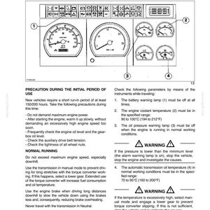 May include: A technical manual page titled SECTION 3 - OPERATING INSTRUCTIONS, featuring a black and white diagram of a vehicle dashboard with numbered gauges and warning lights, alongside text detailing run-in precautions and operating parameters.