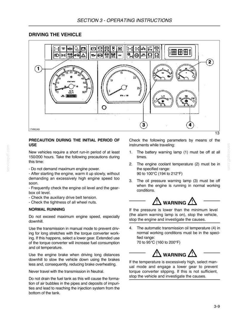 May include: A technical manual page titled SECTION 3 - OPERATING INSTRUCTIONS, featuring a black and white diagram of a vehicle dashboard with numbered gauges and warning lights, alongside text detailing run-in precautions and operating parameters.