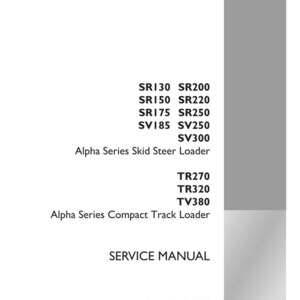 Pode incluir: Um manual de servi&ccedil;o branco com texto preto, listando os modelos SR130, SR150, SR175, SV185, SV300, TR270, TR320 e TV380. O manual &eacute; para carregadeiras compactas e de dire&ccedil;&atilde;o deslizante da S&eacute;rie Alpha. O logotipo da Case Construction est&aacute; no canto inferior direito.