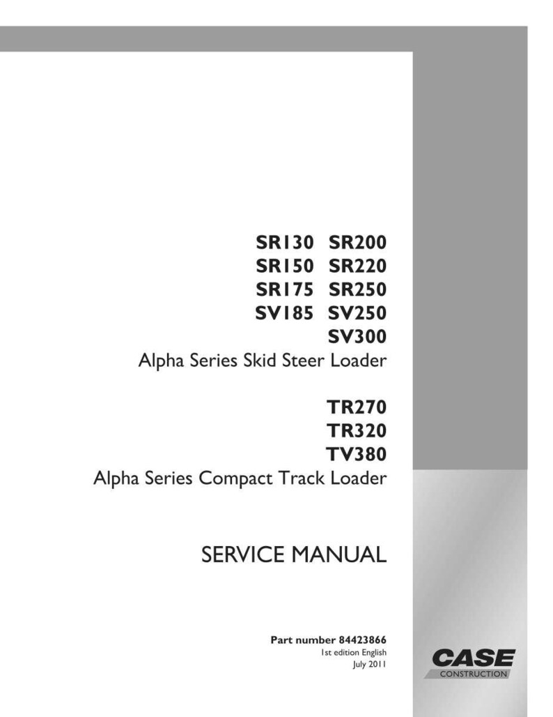 Pode incluir: Um manual de servi&ccedil;o branco com texto preto, listando os modelos SR130, SR150, SR175, SV185, SV300, TR270, TR320 e TV380. O manual &eacute; para carregadeiras compactas e de dire&ccedil;&atilde;o deslizante da S&eacute;rie Alpha. O logotipo da Case Construction est&aacute; no canto inferior direito.