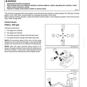 Puede incluir: Una p&aacute;gina de manual t&eacute;cnico titulada 3 - CONTROLS AND INSTRUMENTS con una advertencia sobre movimientos inesperados de la m&aacute;quina. Incluye diagramas de una palanca de control y una excavadora que ilustran los patrones de control tipo ISO.